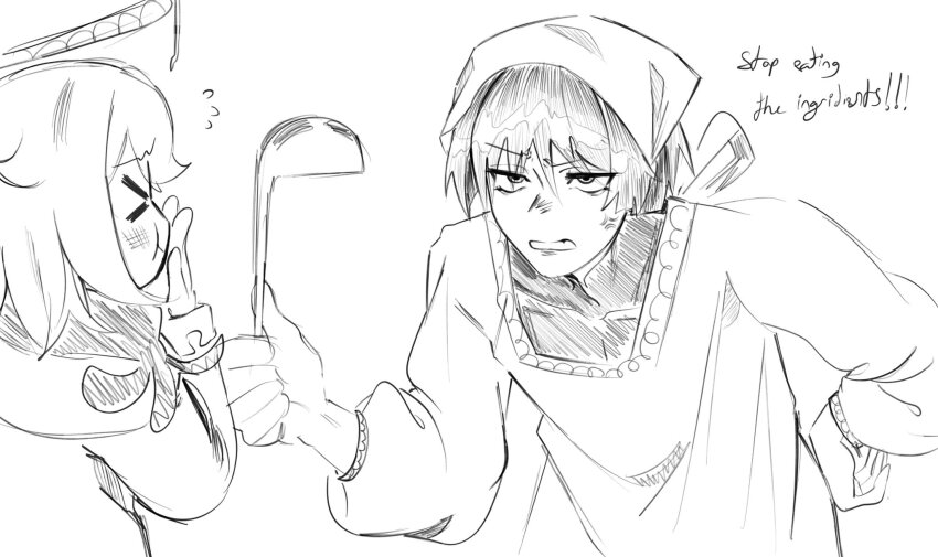 &gt;_&lt; 1boy 1girl anger_vein annoyed apron bodysuit bruise bruise_on_face cheek_bulge closed_eyes closed_mouth english_text flying_sweatdrops frown genshin_impact halo hand_on_own_hip hatching_(texture) highres holding holding_ladle injury kappougi ladle linear_hatching long_sleeves looking_at_another mechanical_halo paimon_(genshin_impact) romper sanpaku scaramouche_(genshin_impact) scarf sketch tenugui wanderer_(genshin_impact) white_background zac-n