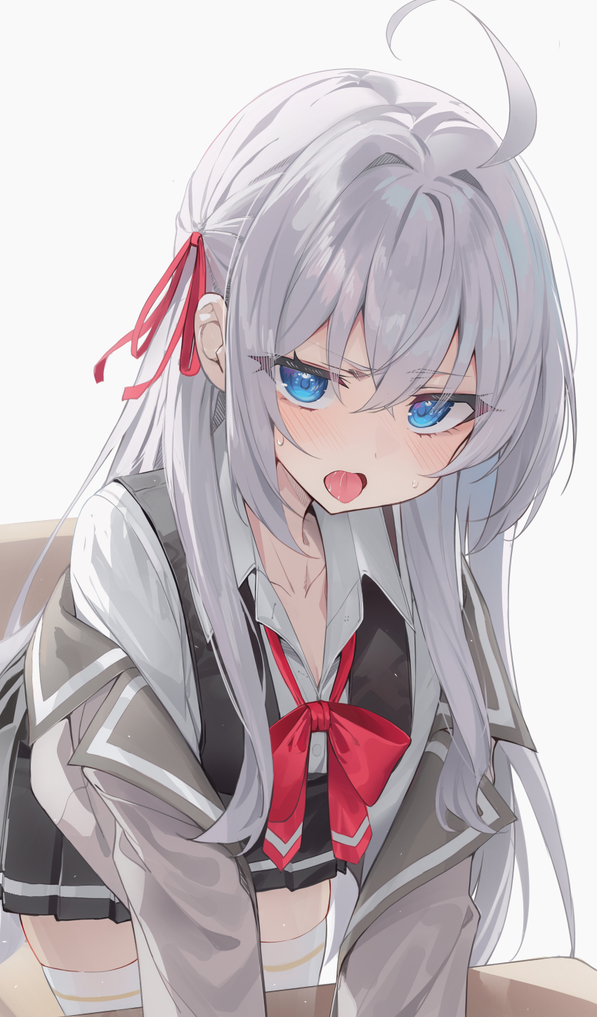 1girl absurdres ahoge alisa_mikhailovna_kujou black_skirt blazer blue_eyes bow bowtie chair collared_shirt commentary_request desk foreshortening grey_hair grey_jacket hair_between_eyes hair_ribbon highres jacket kerno leaning_forward long_sleeves looking_at_viewer open_mouth red_bow red_bowtie red_ribbon ribbon school_chair school_desk school_uniform seiren_academy_school_uniform shirt simple_background skindentation skirt solo thighhighs tokidoki_bosotto_roshia-go_de_dereru_tonari_no_alya-san white_background white_shirt white_thighhighs zettai_ryouiki