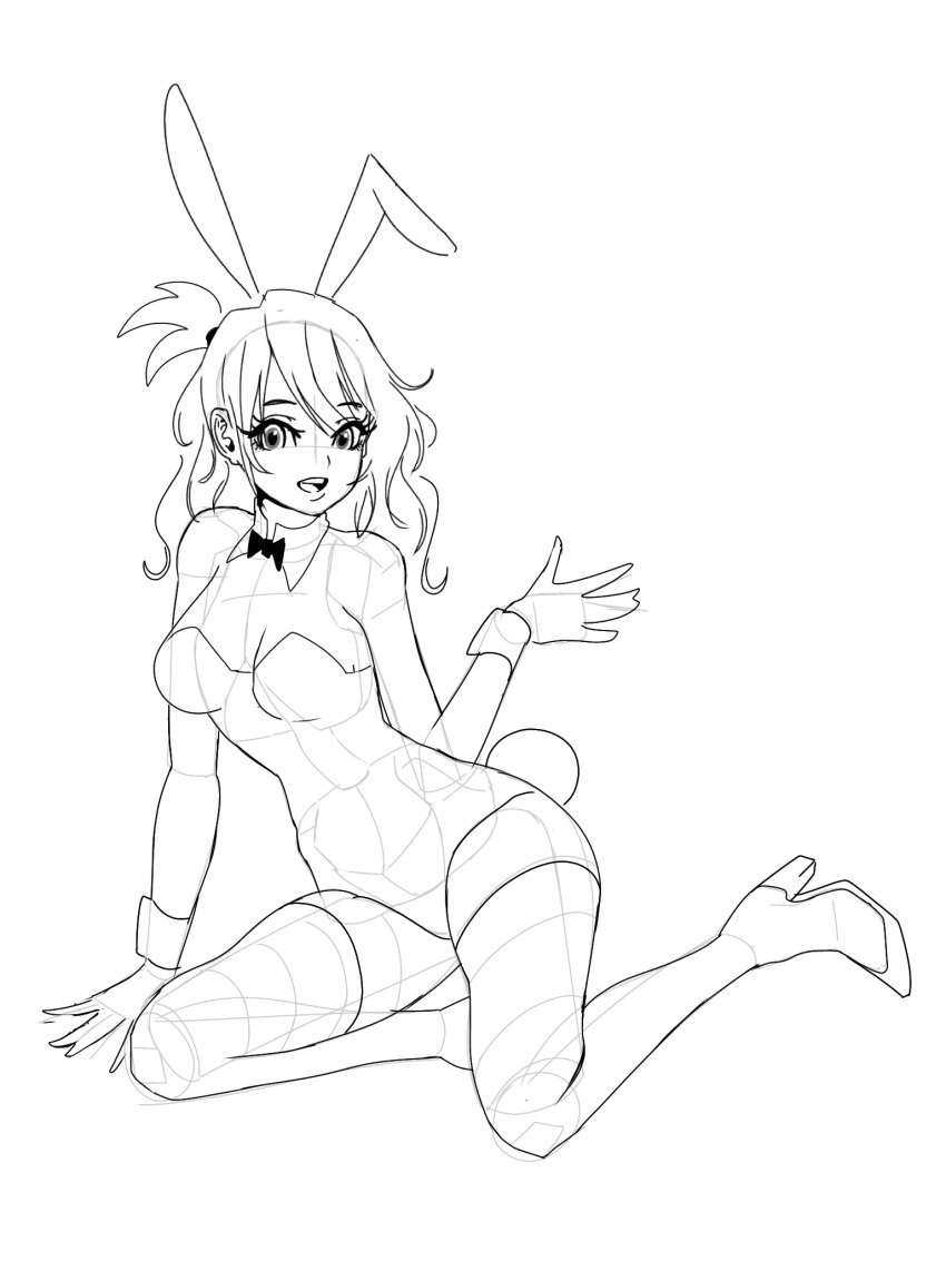 1girl greyscale highres lineart long_hair looking_at_viewer monochrome non-web_source simple_background sketch smile white_background