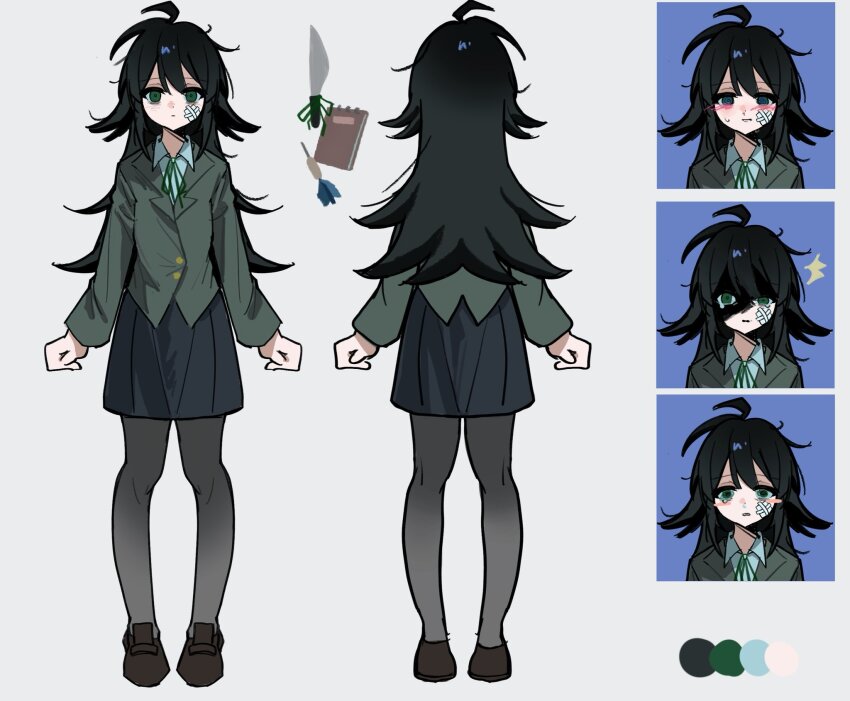 1girl :o :| @_@ ^^^ ahoge bags_under_eyes bandaid bandaid_on_face black_hair black_pantyhose black_skirt blazer blush blush_stickers brown_shoes closed_mouth collared_shirt commentary crying crying_with_eyes_open dart degrees_of_lewdity embarrassed empty_eyes english_commentary expressionless full_body green_eyes green_ribbon grey_jacket hair_between_eyes highres jacket knife kylar_(degrees_of_lewdity) kylar_(female)_(degrees_of_lewdity) lapels loafers long_hair looking_at_viewer messy_hair miniskirt multiple_expressions multiple_views neck_ribbon notebook pantyhose parted_lips pleated_skirt ribbon school_uniform shaded_face shirt shoes sidelocks skirt solo surprised sweatdrop tears turnaround w3wooo0o white_background white_shirt wing_collar