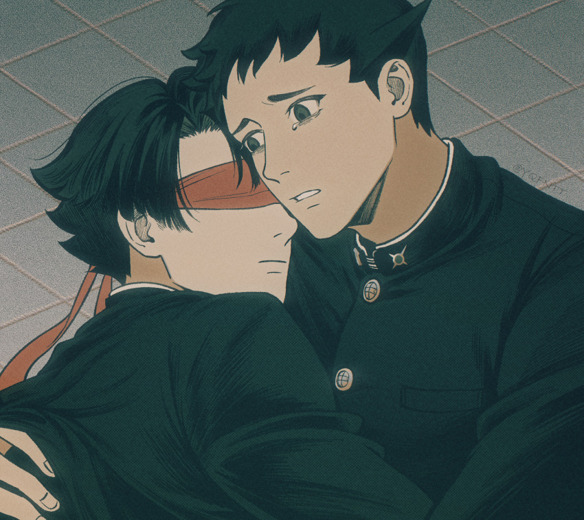 2boys ace_attorney bags_under_eyes black_eyes black_hair black_jacket blindfold buttons chinese_commentary closed_mouth commentary_request empty_eyes film_grain gakuran grey_background hand_on_another&#039;s_back highres jacket kaze_(yznyttdgs) kazuma_asogi male_focus multiple_boys red_blindfold ryunosuke_naruhodo school_uniform short_hair single_tear the_great_ace_attorney