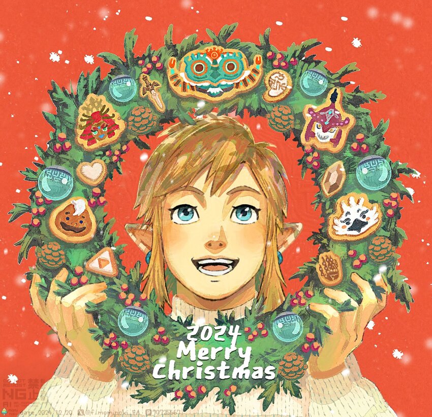 1boy 2024 arms_up berry blonde_hair blue_eyes blush christmas christmas_ornaments christmas_wreath commentary earrings english_commentary eyelashes fuyumaru_mominoki hair_intakes heart highres jewelry link long_hair long_sleeves looking_up male_focus merry_christmas nintendo open_mouth piercing pinecone pointy_ears red_background rupee_(zelda) shirt sidon simple_background teeth the_legend_of_zelda the_legend_of_zelda:_tears_of_the_kingdom tongue tulin_(zelda) turtleneck upper_body white_shirt wreath yunobo