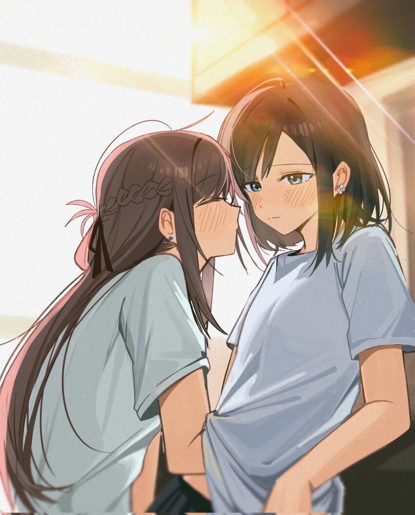 2girls black_hair blue_eyes blush braid brown_hair chinese_commentary closed_eyes closed_mouth commentary_request corrupted_twitter_file earrings haidao_mao half_up_braid hand_under_clothes highres imminent_kiss jewelry long_hair medium_hair miyagi_shiori multiple_girls sendai_hazuki shirt short_sleeves shuuniichido_classmate_wo_kau_hanashi white_shirt yuri