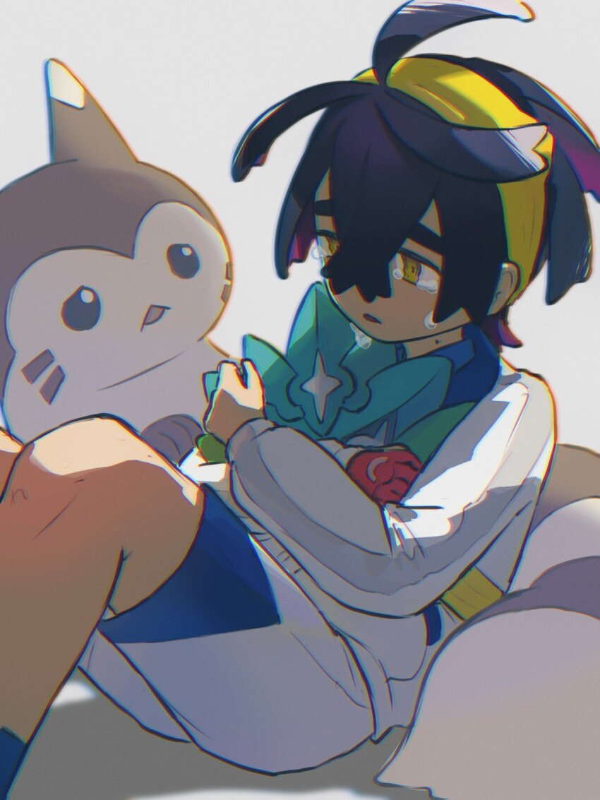 1boy black_hair crying crying_with_eyes_open furret gen_2_pokemon gloves grey_background hair_between_eyes hairband highres holding holding_mask jacket kieran_(pokemon) long_sleeves male_focus mask mole mole_on_neck mtitp54 multicolored_hair nintendo parted_lips pokemon pokemon_(creature) pokemon_sv purple_hair red_gloves shorts simple_background single_glove sitting tears white_jacket white_shorts yellow_eyes yellow_hairband