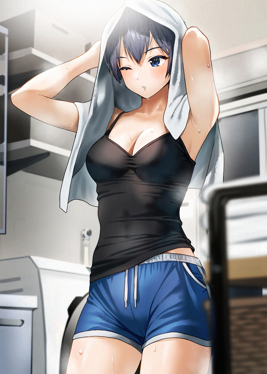 1girl after_bathing armpits black_camisole blue_eyes blue_hair blue_shorts blurry blurry_foreground blush breasts camisole cleavage commentary_request cowboy_shot dolphin_shorts doushimasho drawstring drying drying_hair hair_between_eyes highres indoors kaisha_no_senpai_akaori-san kirito_mihoko medium_breasts one_eye_closed parted_lips shelf short_hair short_shorts shorts solo standing steaming_body towel towel_on_head washing_machine water_drop wet wet_hair
