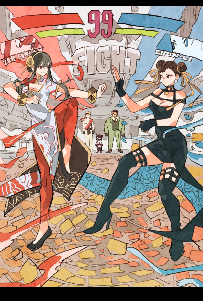 anya_(spy_x_family) bare_shoulders black_dress black_footwear black_gloves black_hair blonde_hair breasts brown_hair capcom chun-li chun-li_(cosplay) cleavage cosplay crossover dougi dress earrings fingerless_gloves formal_clothes full_body gloves gold_earrings gold_hairband gold_headband green_jacket green_pants green_suit hair_ornament hairband han_juri han_juri_(cosplay) headband highres jacket jewelry karate_gi long_hair long_sleeves looking_at_another medium_breasts multiple_boys multiple_girls necktie outdoors pants red_headband red_necktie red_tie ryu_(street_fighter) ryu_(street_fighter)_(cosplay) shirt shoes short_hair smile spy_x_family standing street_fighter street_fighter_6 suit takeuchi_ryousuke twilight_(spy_x_family) twilight_(spy_x_family)_(cosplay) two-sided_dress two-sided_fabric white_shirt yor_briar yor_briar_(cosplay)