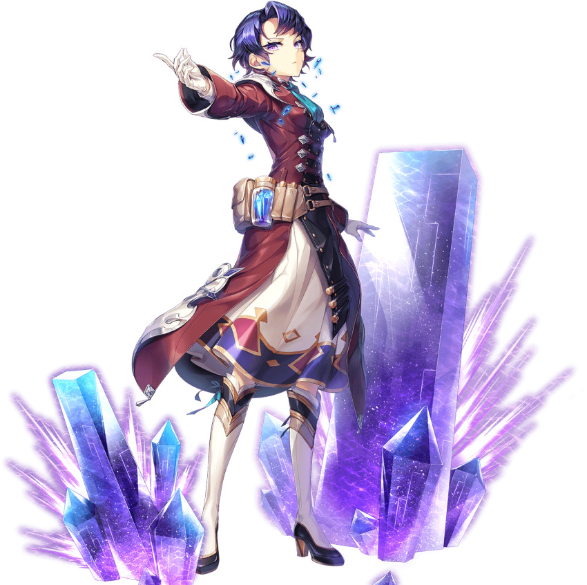 1girl aiz_(unitia) artist_request belt blue_hair breasts crystal dress full_body game_cg gloves high_heels highres long_sleeves looking_at_viewer official_art purple_eyes short_hair solo source_request transparent_background unitia white_gloves