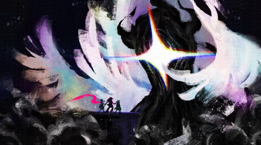 1boy 1girl 2others axe deltarune furry furry_female furry_male glowing goat_boy highres horns kris_(deltarune) monster multiple_others multiple_wings over_shoulder ralsei reptile_girl scarf scenery spoilers standing susie_(deltarune) sword theboatlord weapon weapon_over_shoulder wings