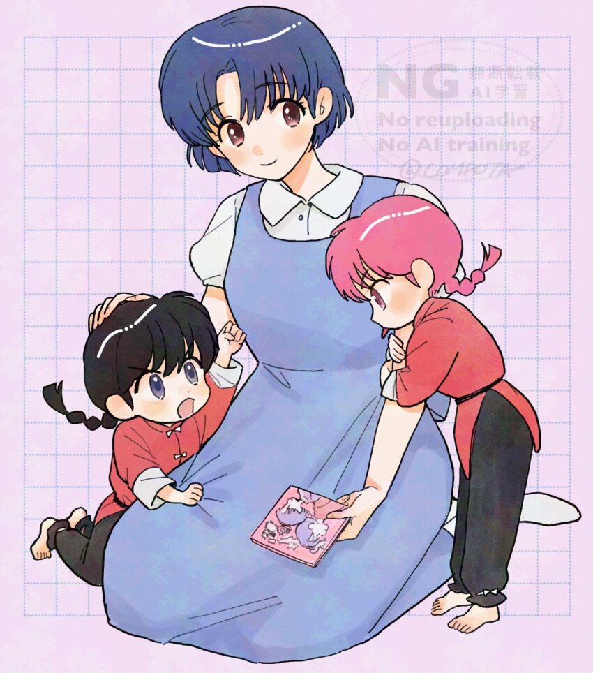 1boy 2girls aged_down barefoot black_pants blue_dress blue_hair braid brown_eyes chinese_clothes closed_mouth commentary_request con_sonne dress dual_persona full_body grabbing_another&#039;s_arm grey_eyes grid_background hand_on_another&#039;s_head highres multiple_girls pale_skin pants pink_eyes pink_hair pulling_another&#039;s_clothes purple_background ranma_1/2 saotome_ranma seiza single_braid sitting smile tendou_akane tongue tongue_out v-shaped_eyebrows watermark