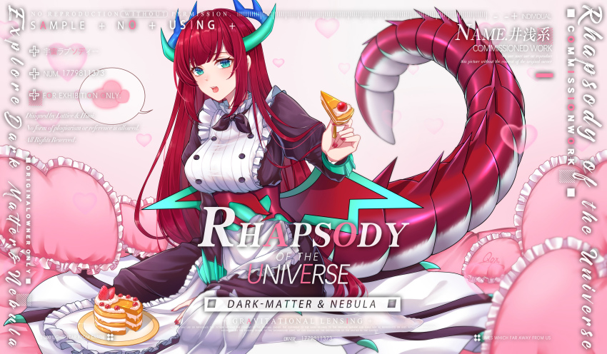 absurdres apron blue_eyes blush breasts cake cake_slice chef dragon_girl dragon_horns dragon_tail dragon_wings dress duel_monster food frilled_apron frills heart heart-shaped_pillow highres holding holding_cake holding_food horns jingqianxi kitchen_dragonmaid large_breasts long_sleeves maid maid_apron open_mouth pillow puffy_long_sleeves puffy_sleeves red_hair sitting strawberry_cake tail wariza white_apron wings yu-gi-oh!