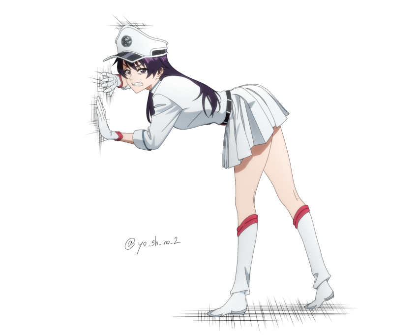 1girl against_wall bambietta_basterbine belt bleach boots clenched_teeth gloves hat highres long_hair military_hat purple_eyes purple_hair quincy_(bleach) shirt signature skirt sternritter teeth wandenreich_uniform white_background white_boots white_gloves white_hat white_shirt white_skirt yoshino_(laencl)