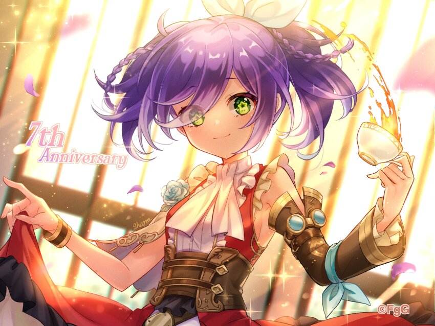 1girl absurdres aqua_flower aqua_ribbon aqua_rose black_tea bracelet braid closed_mouth commentary_request corset cup dress durandal_(phantom_of_the_kill) eyes_visible_through_hair flower green_eyes highres holding holding_cup jewelry looking_at_viewer official_art phantom_of_the_kill purple_hair ribbon rose sharm_(g-row) sleeveless sleeveless_dress smile solo tea teacup twintails upper_body