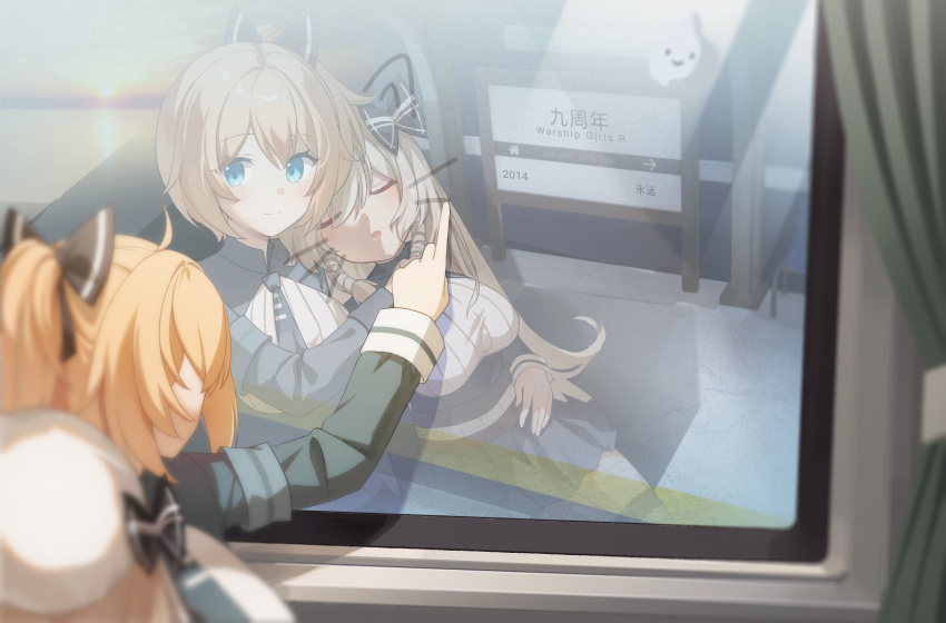 2girls absurdres blonde_hair blue_eyes bogue_(warship_girls_r) bow chung_seiker closed_eyes closed_mouth curtains deadly_chaser_(elsword) galo_(warship_girls_r) glass hair_bow highres indoors long_hair long_sleeves multiple_girls open_mouth ponytail short_hair sleeping smile television warship_girls_r window yukiri_(l_ii)