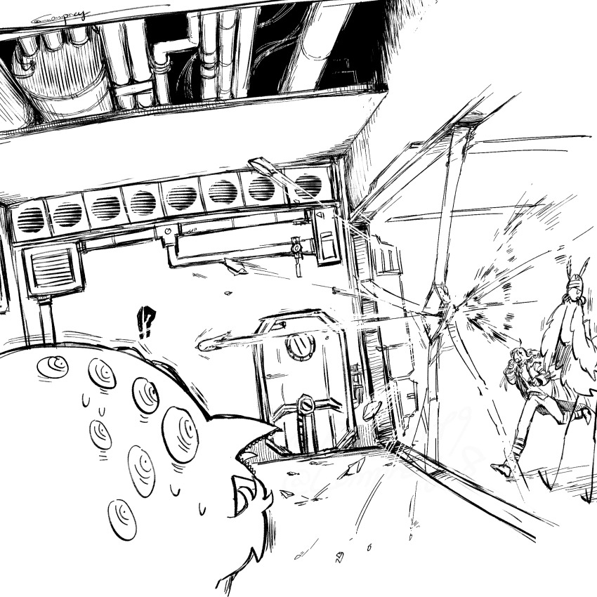 !? 1other absurdres big_bird_(project_moon) bird broken_glass coat containment_unit creature creature_focus door e.g.o_(project_moon) employee_(project_moon) extra_eyes full_body glass greyscale hands_up highres indoors industrial_pipe judgement_bird lobotomy_corporation monochrome nugget_(project_moon) project_moon punishing_bird running sweat ventilation_shaft yatsumeunagi