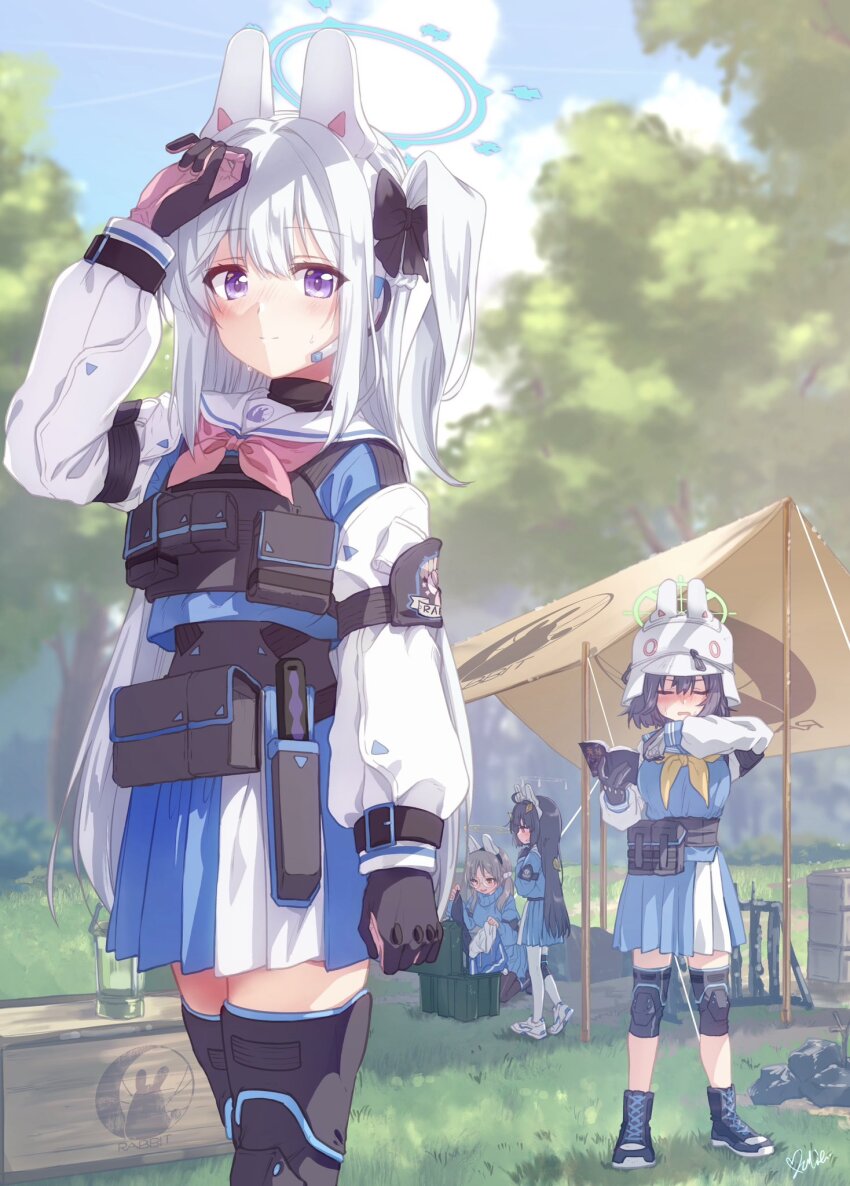 4girls animal_ears arm_at_side black_boots black_bow black_gloves black_hair black_pantyhose black_thighhighs blue_archive blue_halo blue_serafuku blue_shirt blue_skirt blue_sky blurry blurry_background blush book boots bow braid brown_hair bucket_hat clenched_hand closed_eyes closed_mouth commentary_request cowboy_shot day fake_animal_ears full_body glasses gloves grass hair_between_eyes hair_bow hair_intakes half_up_braid halo hand_up hat highres holding holding_book hot knee_pads kneeling kuroi_mimei lace-up_boots leaf leaf_on_head long_hair long_sleeves looking_at_viewer medium_hair miniskirt miyako_(blue_archive) miyu_(blue_archive) moe_(blue_archive) multiple_girls neckerchief nose_blush one_side_up open_book outdoors pantyhose park pink_neckerchief pleated_skirt profile purple_eyes rabbit_ears rabbit_platoon_(blue_archive) red_eyes sailor_collar saki_(blue_archive) school_uniform serafuku shirt sidelocks signature skirt sky smile split_mouth standing straight_hair sweat tent thighhighs tree twintails very_long_hair white_hair white_pantyhose white_sailor_collar witch_hat yellow_neckerchief zettai_ryouiki