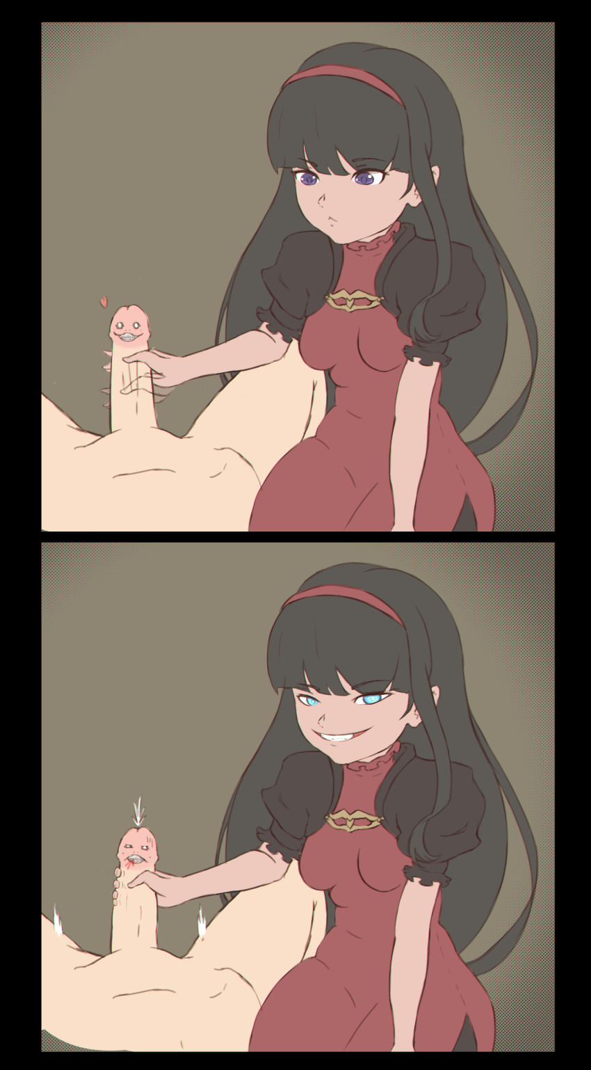 1girl artist_request black_hair blue_eyes cum dress expressionless glowing glowing_eyes hairband handjob highres loli long_hair naughty_face nier nier:automata nier_(series) out_of_frame out_of_frame_male penis red_dress red_girl_(nier) red_hairband sequential simple_background smile source_request square_enix