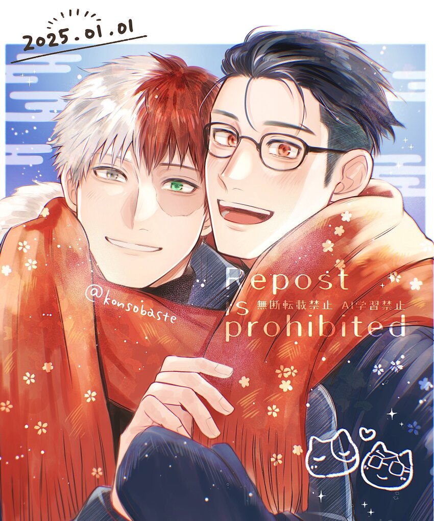 2boys absurdres black_hair black_mittens blush boku_no_hero_academia border cat dated glasses green_eyes grey_eyes heterochromia highres iida_tenya konsobastew looking_at_viewer male_focus mittens multicolored_hair multiple_boys open_mouth parted_lips red_eyes red_hair red_scarf scar scar_across_eye scar_on_face scarf shared_clothes shared_scarf short_hair smile teeth todoroki_shoto two-tone_hair upper_body white_border white_hair winter_clothes yaoi