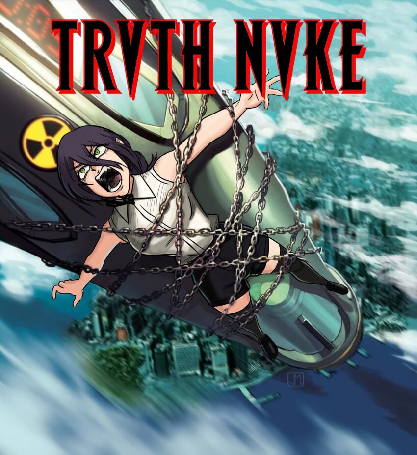 1girl black_hair black_shorts black_thighhighs bound chainsaw_man city commentary english_commentary green_eyes hair_between_eyes highres missile open_mouth outstretched_arms parody radiation_symbol reze_(chainsaw_man) shirt shorts sleeveless sleeveless_shirt solo teeth thebabalgam thighhighs tied_up_(nonsexual) white_shirt