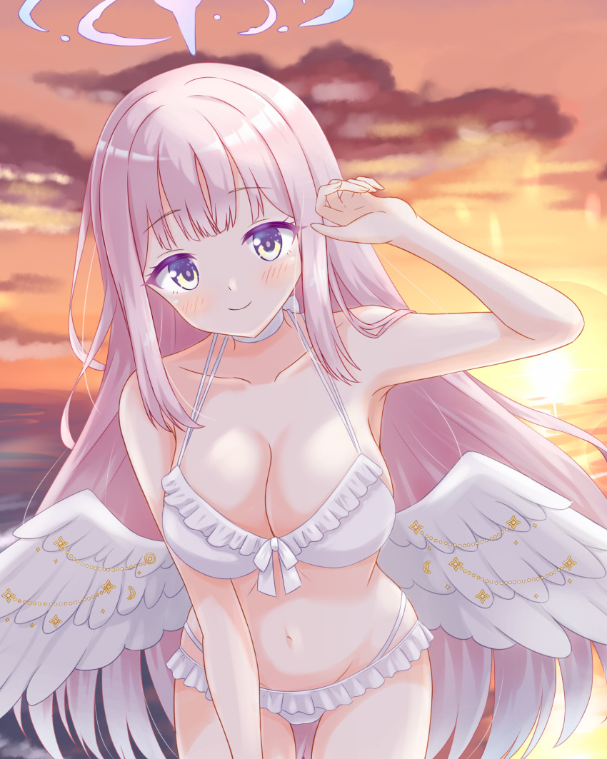 1girl angel_wings bare_shoulders blue_archive blush breasts choker cleavage collarbone commentary_request feathered_wings halo highres hinata_mizore large_breasts leaning_forward low_wings mika_(blue_archive) mika_(swimsuit)_(blue_archive) navel official_alternate_costume official_alternate_hairstyle outdoors pink_hair pink_halo smile solo stomach sunset swimsuit white_choker white_wings wing_ornament wings