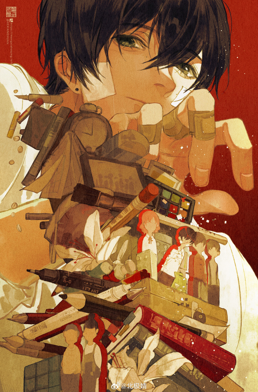 1boy absurdres alarm_clock bandaid bandaid_on_cheek bandaid_on_face bandaid_on_finger black_hair book book_stack box chinese_commentary clock closed_mouth commentary_request crossed_arms earrings expressionless eyelashes fingernails flower grey_eyes hair_between_eyes highres jewelry light_particles lily_(flower) lips long_sleeves looking_at_viewer male_focus mengxiaheqing original palms paper_cutout red_background shirt short_hair solo stud_earrings upper_body watermark weibo_watermark white_flower white_shirt