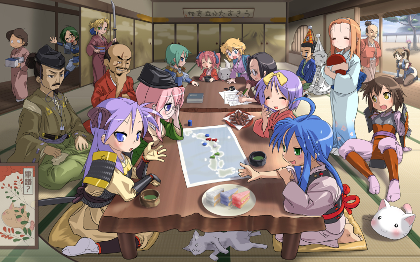 00s 4boys 6+girls absurdres bad_id bad_pixiv_id cosine everyone extra glasses highres hiiragi_kagami hiiragi_tsukasa houjou_ujimasa houjou_ujiyasu iwasaki_minami izumi_konata japanese_clothes kimono kobayakawa_yutaka kogami_akira kuroi_nanako kusakabe_misao long_hair lucky_star making-of_available map matsunaga_hisahide minegishi_ayano mole mole_under_eye multiple_boys multiple_girls narumi_yui ninja oota_sukemasa patricia_martin shiraishi_minoru short_hair siblings sisters sitting taikou_risshiden takara_miyuki tamura_hiyori triforce twins