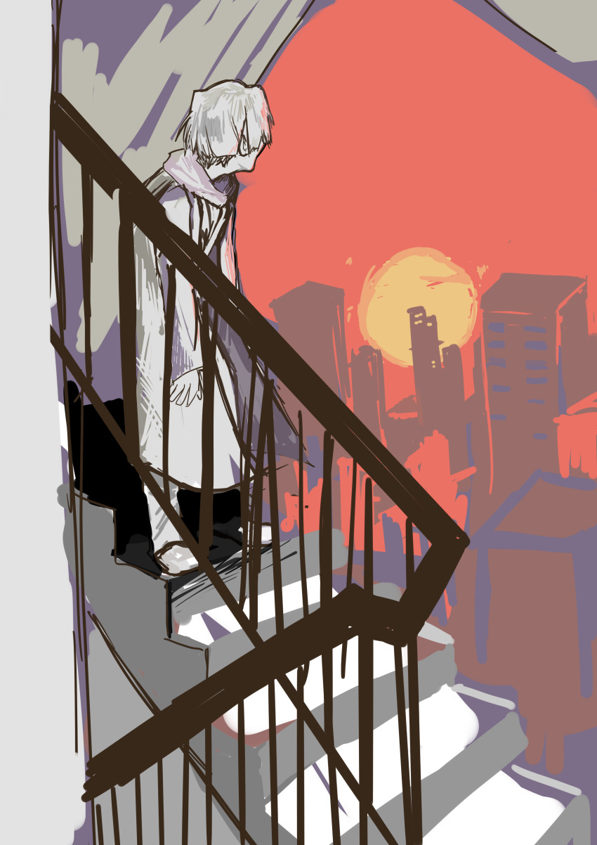 absurdres black_eyes building coat digimon digimon_story:_cyber_sleuth digimon_story:_cyber_sleuth_hacker&#039;s_memory highres short_hair sky suedou_akemi sun white_hair