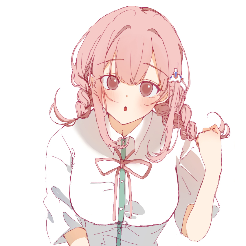 1girl :o blush braid cho_koko-kyu_no_washi collared_shirt danganronpa_(series) danganronpa_2:_goodbye_despair highres looking_at_viewer medium_hair nanami_chiaki neck_ribbon no_jacket pink_eyes pink_hair ribbon shirt short_sleeves simple_background solo spaceship_hair_ornament twin_braids twintails two-tone_shirt white_background white_shirt