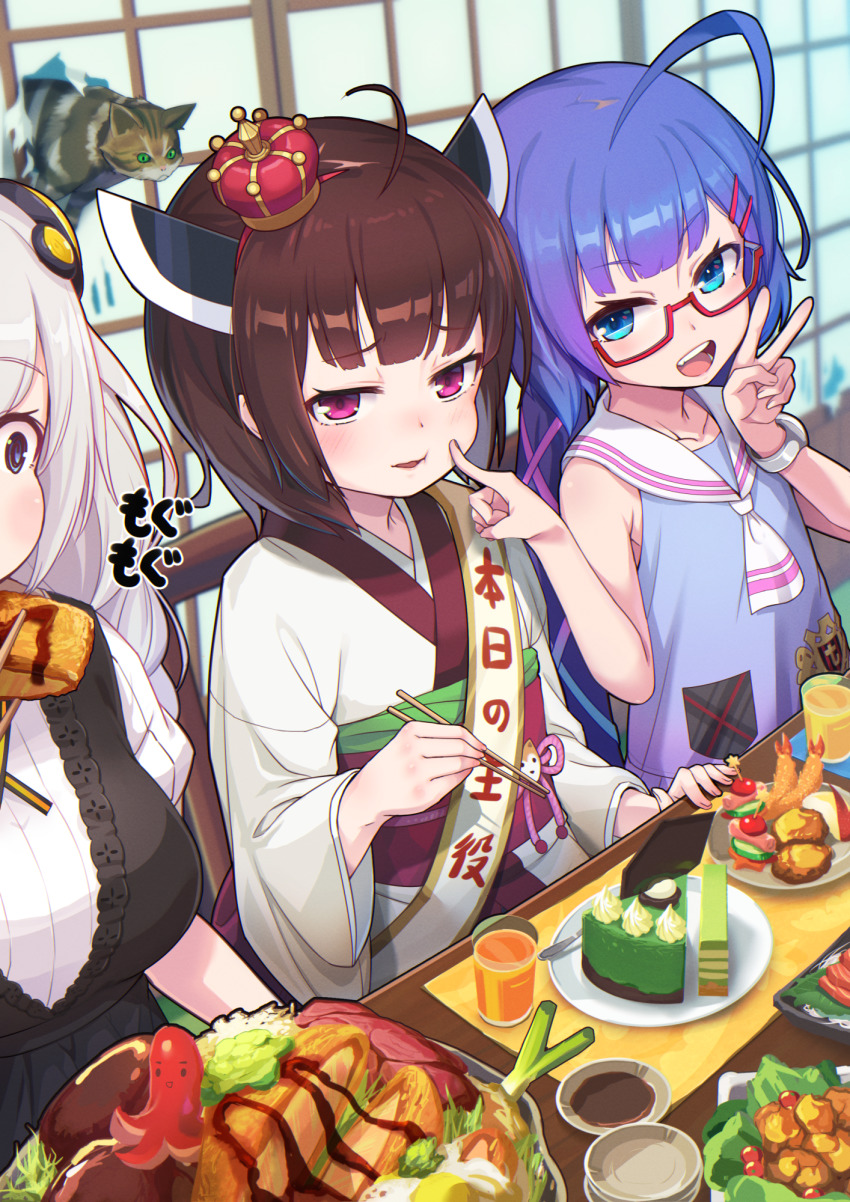 3girls ahoge apple apple_slice bare_shoulders birthday birthday_sash black_dress blue_eyes blue_hair blue_shirt blunt_bangs braid breasts brown_hair cake calico cat cheek_poking chopsticks collar collared_shirt commentary crown dress eating fang food fruit furrowed_brow glass grey_hair hair_ornament hairclip hand_up headgear hibi_tsuna highres indoors japanese_clothes kimono kizuna_akari long_hair looking_at_viewer meal medium_breasts mini_crown multiple_girls obi octopus omelet open_mouth otomachi_una otomachi_una_(talkex) poking purple_eyes red-framed_eyewear sailor_collar sash saucer semi-rimless_eyewear shirt short_hair shrimp shrimp_tempura sleeveless sleeveless_shirt sliding_doors smile spring_onion sushi talkex tamagoyaki tempura katsu_(food) touhoku_kiritan translated v very_long_hair voiceroid white_collar white_kimono white_neckwear