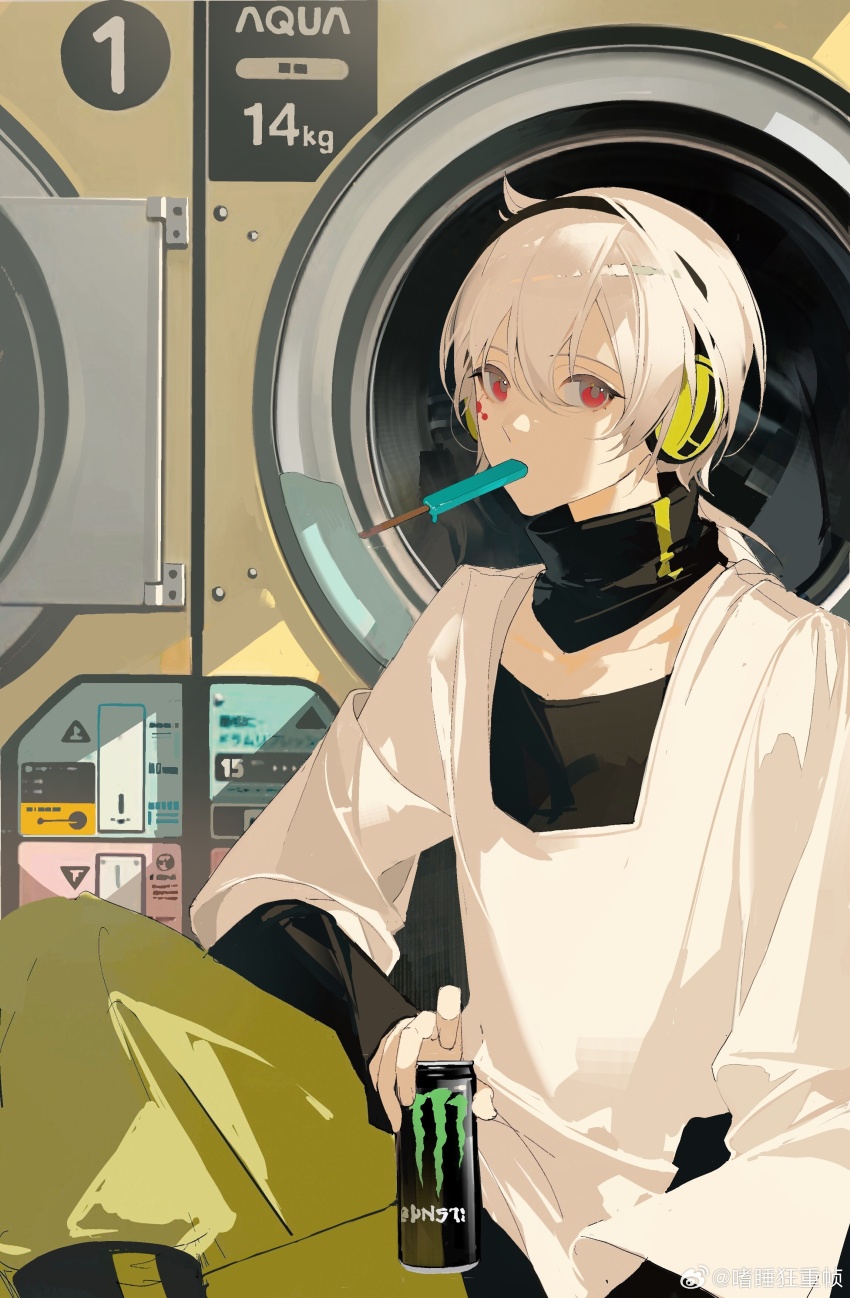 1boy absurdres chinese_commentary chongzhen_085 drink food green_pants headphones highres holding holding_drink ice_cream kagerou_project konoha_(kagerou_project) laundromat layered_sleeves long_sleeves looking_at_viewer monster_energy mouth_hold pants red_eyes scar shirt short_over_long_sleeves short_sleeves sideways_glance sitting solo watermark weibo_username weibo_watermark white_hair white_shirt