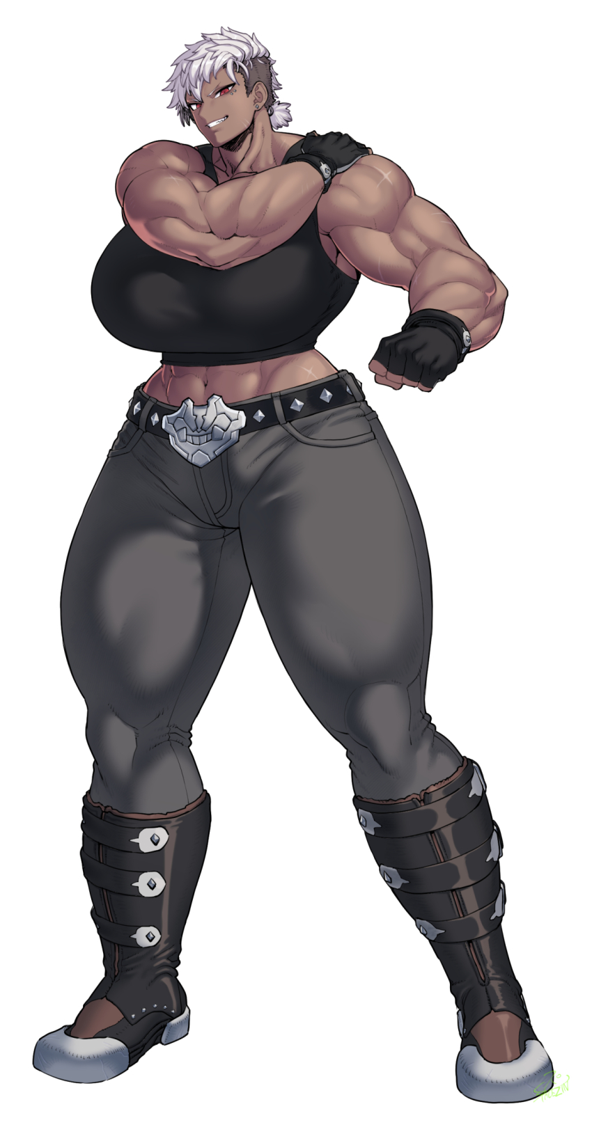 1girl abs anti-eyebrow_piercing bare_arms belt biceps black_boots black_gloves black_tank_top boots breasts buzz_cut clenched_hand collarbone commentary dark-skinned_female dark_skin ear_piercing fingerless_gloves full_body gen_2_pokemon gloves grey_hair grey_pants grin hair_between_eyes hand_on_own_shoulder hand_up highres huge_breasts low_ponytail midriff multiple_scars muscular muscular_arms muscular_female nintendo pants personification piercing pokemon ponytail red_eyes scar scar_on_arm scar_on_chin scar_on_face scar_on_hip short_hair short_ponytail signature simple_background smile solo spacezin standing steel-toe_boots steelix studded_belt tank_top thick_thighs thighs very_short_hair white_background