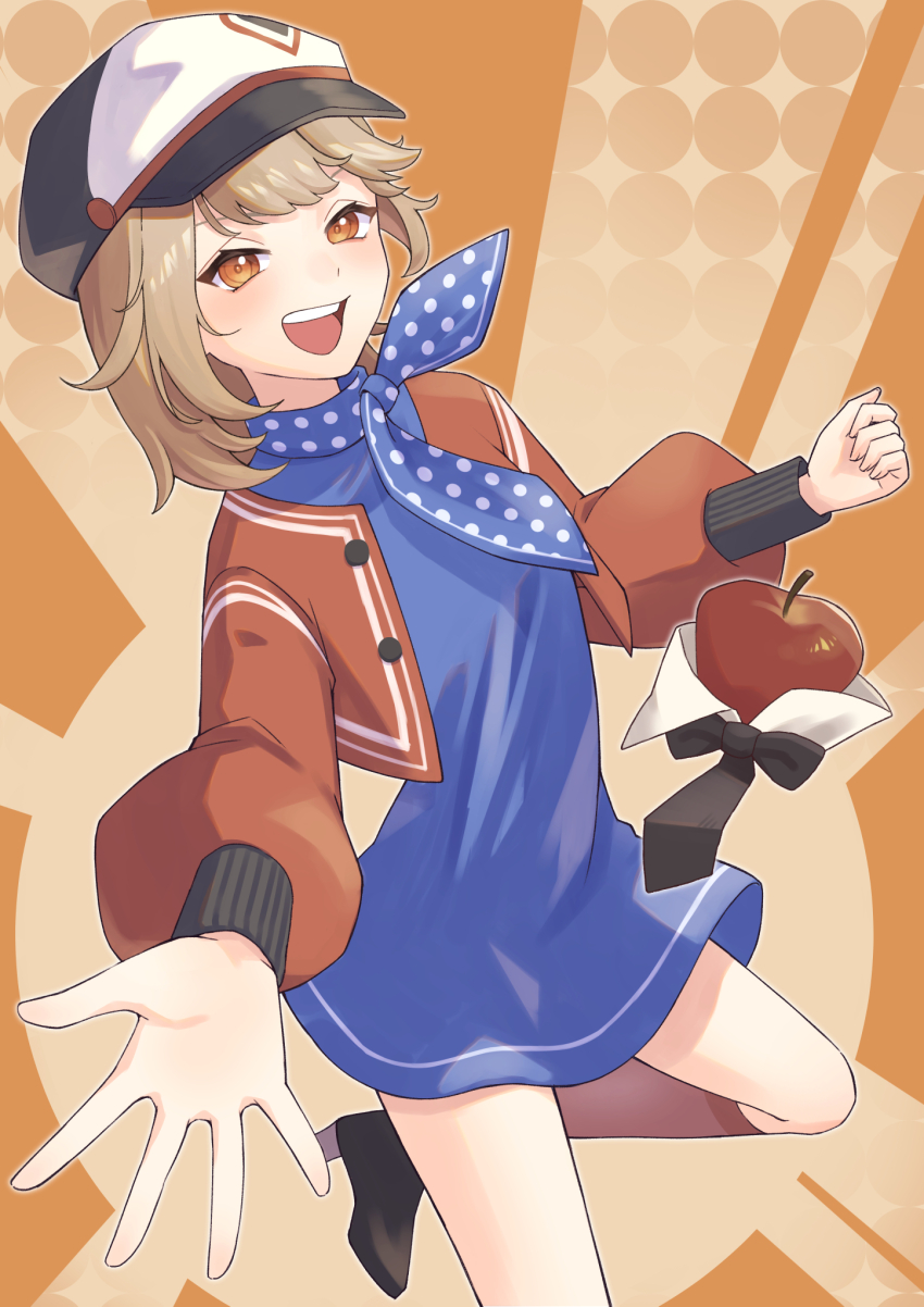 1girl :d apple apple_(reverse:1999) black_bow black_bowtie black_footwear blue_dress bow bowtie brown_hair newsboy_cap cowboy_shot dress food fruit hat highres jacket leg_up long_sleeves looking_at_viewer open_mouth orange_background orange_eyes red_jacket red_socks regulus_(reverse:1999) reverse:1999 shinna_(user_zfuz4288) short_dress short_hair sleeveless sleeveless_dress smile socks solo standing standing_on_one_leg sunburst sunburst_background teeth traditional_bowtie upper_teeth_only