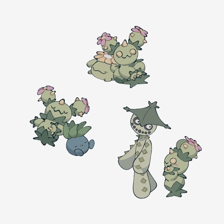 :3 black_eyes cacturne closed_eyes closed_mouth flower game_freak gen_1_pokemon gen_2_pokemon gen_3_pokemon gen_5_pokemon highres leaf looking_at_another maractus nintendo no_humans oddish parted_lips pink_flower pokemon pokemon_(creature) pokemon_focus simple_background skiploom sleeping smile smprfms spikes white_background yellow_eyes yellow_flower