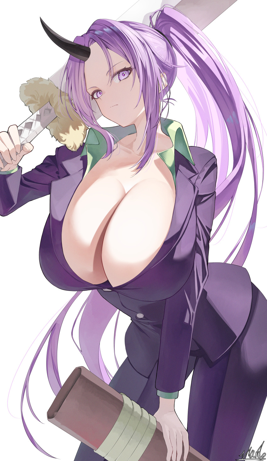 1girl absurdres black_horns breasts collarbone formal_clothes full_body highres holding holding_sword holding_weapon horns large_breasts long_hair long_sleeves looking_at_viewer marbo_(saico556) oni pants ponytail purple_eyes purple_hair purple_pants purple_suit sheath shion_(tensura) simple_background single_horn skin-covered_horns solo suit sword tensei_shitara_slime_datta_ken weapon white_background