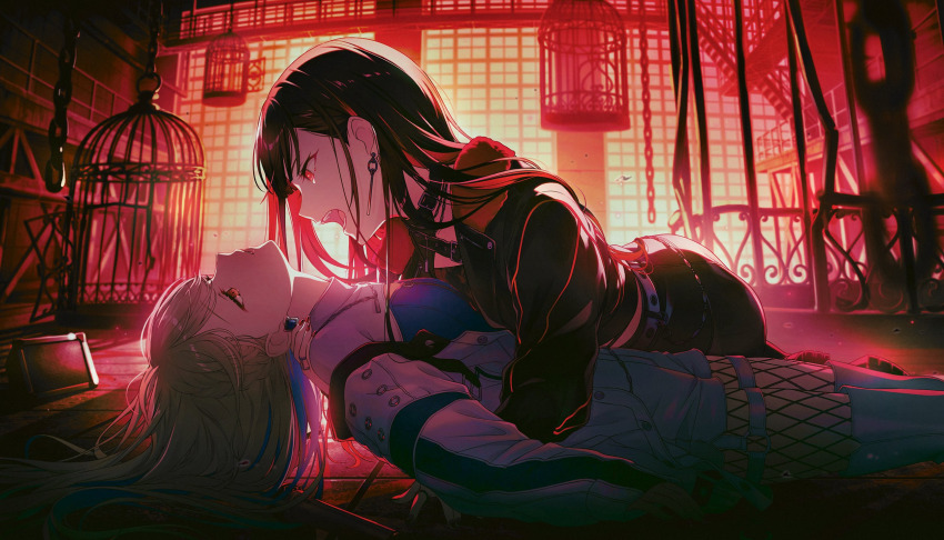 2girls azusawa_kohane belt black_choker black_hair black_jacket black_nails blonde_hair blue_hair blue_shirt braid cage chain choker colored_inner_hair colorful_palette earrings fishnet_pantyhose fishnets highres hug indoors jacket jewelry light_brown_hair long_hair looking_at_another lying microphone midriff_peek multicolored_hair multiple_girls muntins official_alternate_costume official_alternate_hairstyle official_art on_back open_mouth orange_eyes pantyhose parted_lips project_sekai red_eyes red_hair ring shiraishi_an shirt sleeves_past_wrists streaked_hair teeth third-party_source tile_floor tiles whip_the_wimp_girl!!_(project_sekai) white_belt window yuri zipper zipper_pull_tab