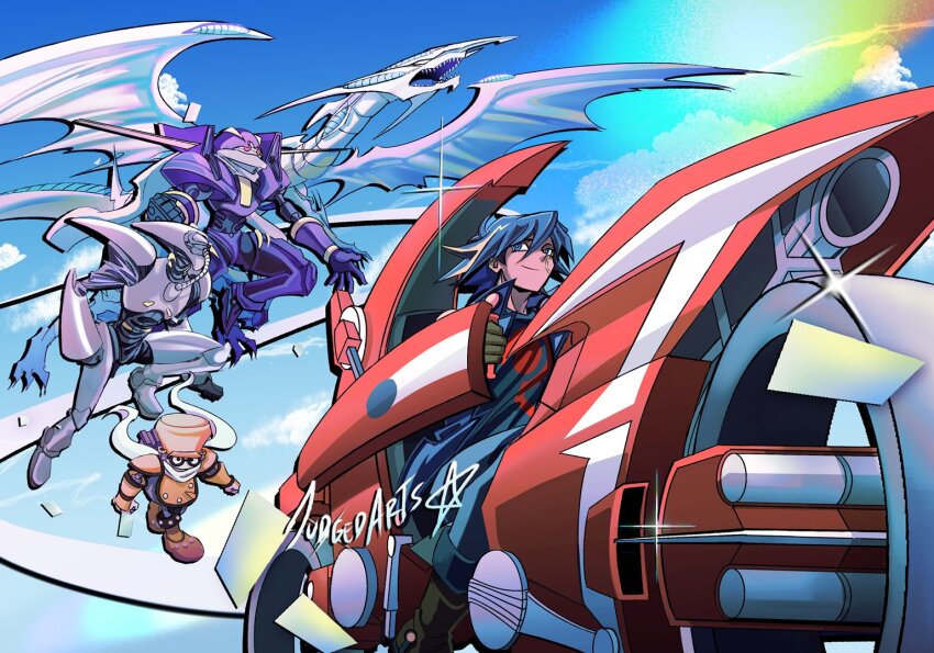 4boys armor black_hair blonde_hair d-wheel dragon duel_monster facial_mark fudo_yusei group_picture helmet judgedarts junk_synchron junk_warrior male_focus mechanical_wings medium_hair motor_vehicle multiple_boys rainbow riding scarf sharp_teeth speed_warrior spiked_hair stardust_dragon teeth white_scarf white_wings wings yu-gi-oh! yu-gi-oh!_5d&#039;s