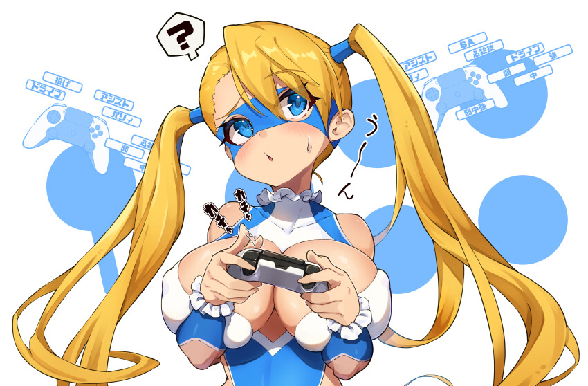 1girl absurdres asymmetrical_bangs blue_eyes blue_leotard breasts cleavage domino_mask elbow_cutout highres large_breasts leotard mask mefuchan playstation_controller rainbow_mika simple_background solo street_fighter street_fighter_v twintails upper_body white_background wrestling_mask wrestling_outfit
