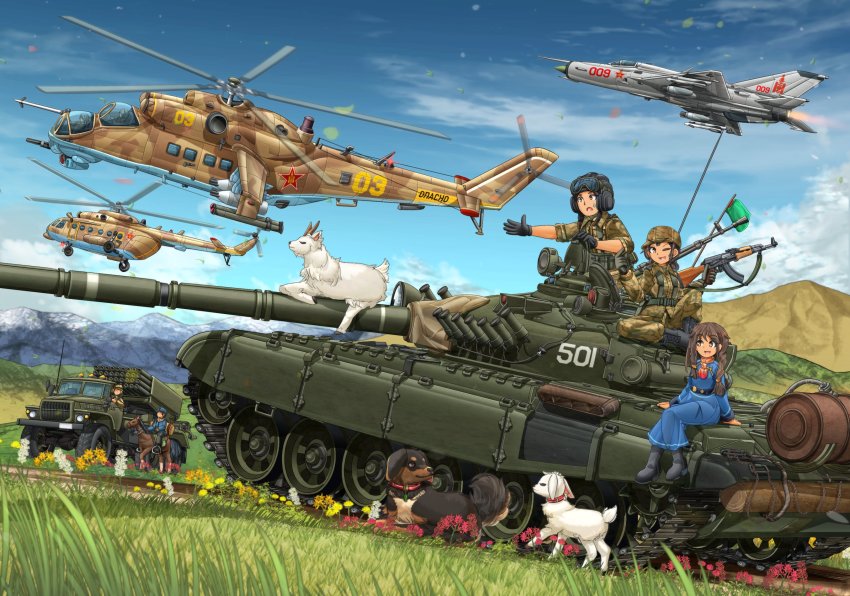 aircraft airplane akm assault_rifle attack_helicopter bm-21 brown_eyes brown_hair caterpillar_tracks cloud combat_webbing dog flag flag_on_vehicle flower gloves goggles goggles_on_head gun hat hatch helicopter highres horse jet kalashnikov_rifle mi-24 mi-8 mig-21 mikeran_(mikelan) military military_combat_uniform military_uniform military_vehicle missile missile_pod mongolian_armed_forces motor_vehicle mountain original red_star rifle russia sky smoke_grenade_launcher star_(symbol) t-72 tank vehicle_focus weapon