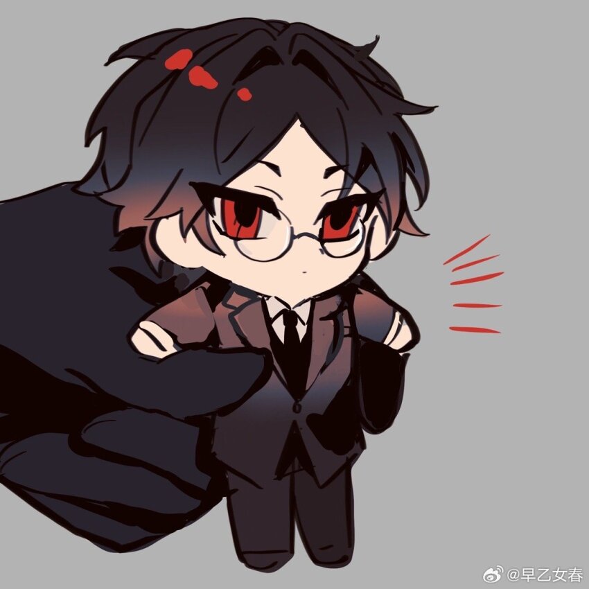 2boys aomi_(ooe) artist_name black_gloves black_hair black_jacket black_necktie black_pants black_suit black_vest brown_hair closed_mouth dot_mouth dress_pants expressionless formal_clothes glasses gloves gradient_hair grey_background jacket long_sleeves looking_ahead male_focus mini_person miniboy multicolored_hair multiple_boys necktie notice_lines ooe_(game) oosaki_(ooe) pants parted_bangs picking_up purazumarokku red_eyes round_eyewear short_eyebrows short_hair simple_background solo_focus suit suit_jacket vest waistcoat watermark weibo_watermark
