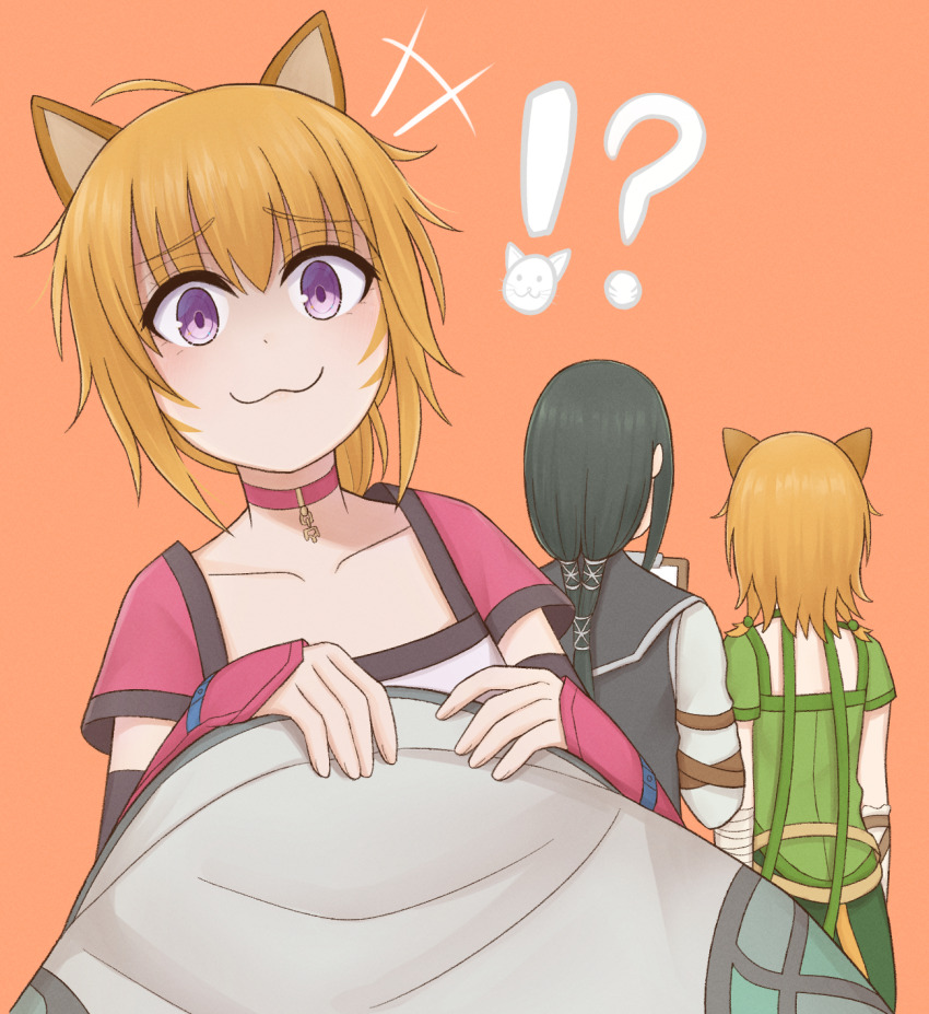 !? 1girl 2girls :3 animal_ears atorie from_behind black_hair braid cat cat_ears cat_girl cat_tail collar commission commissioner_upload facepaint fire_emblem fire_emblem:_path_of_radiance fire_emblem:_radiant_dawn highres lethe_(fire_emblem) long_hair lyre_(fire_emblem) multiple_girls nintendo orange_background orange_hair orange_tail pixiv_commission purple_eyes siblings sisters soren_(fire_emblem) soren_(radiant_confidant)_(fire_emblem) tail twin_braids twins