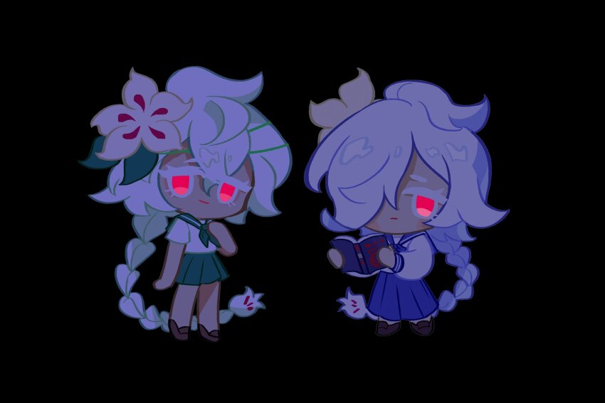 2girls :| absurdly_long_hair aged_down arm_at_side black_background blue_bow blue_bowtie blue_sailor_collar blue_skirt blue_sleeve_cuffs book bow bowtie braid braided_ponytail brown_shoes closed_mouth commentary cookie_run cookie_run:_kingdom double-parted_bangs dual_persona english_commentary flower full_body geruideyundongxie glowing glowing_eyes green_neckerchief green_sailor_collar green_skirt hair_between_eyes hair_flower hair_ornament hair_over_one_eye hand_on_own_chest highres holding holding_book loafers long_hair long_skirt long_sleeves looking_at_viewer miniskirt multiple_girls neckerchief no_pupils one_eye_covered open_book pleated_skirt puffy_long_sleeves puffy_sleeves red_eyes sailor_collar school_uniform shirt shoes short_sleeves simple_background single_braid skirt smile summer_uniform very_long_hair white_hair white_lily_cookie white_shirt winter_uniform yellow_flower