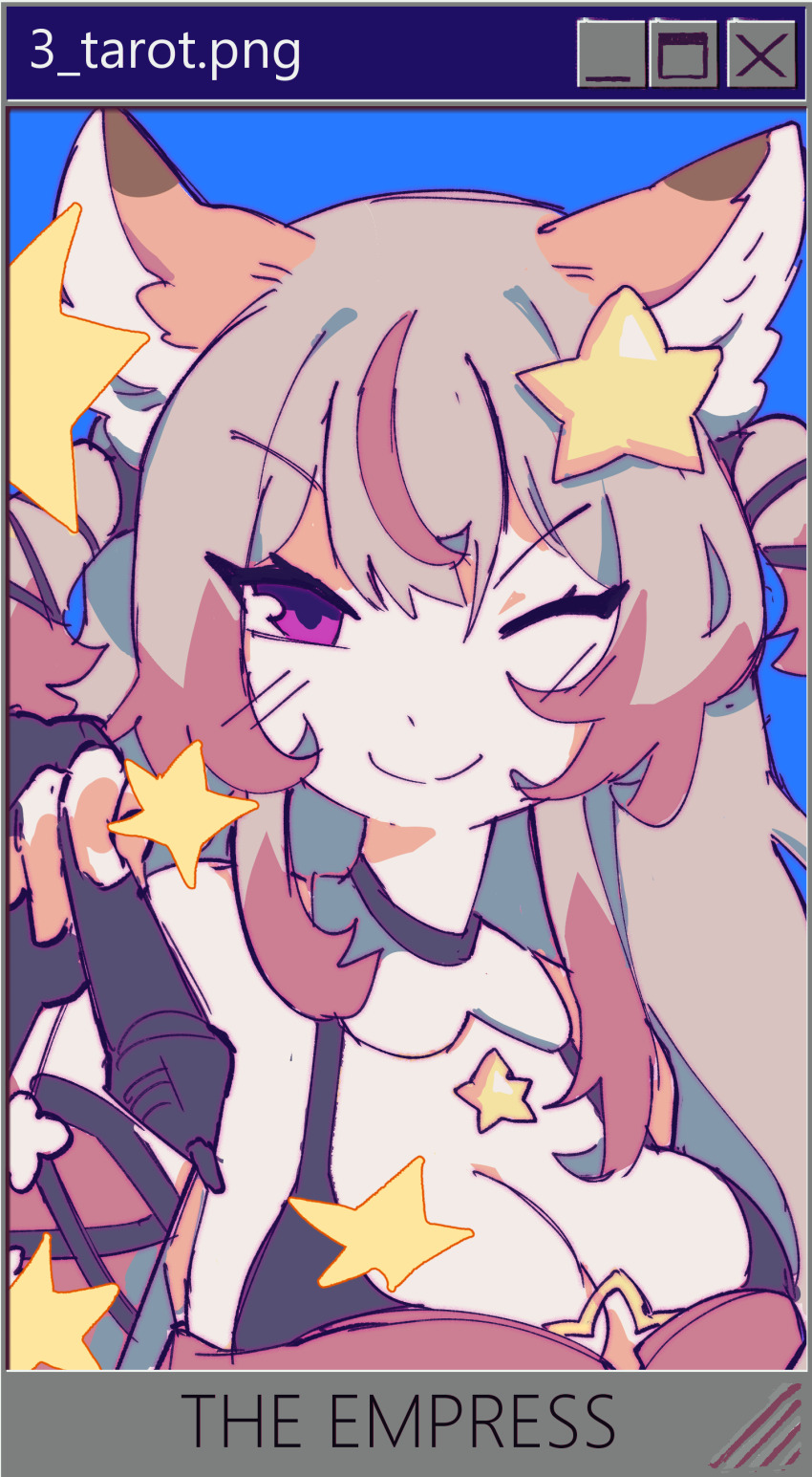 1girl absurdres animal_ears annytf black_bra blue_background blush bra breasts brooch card_(medium) cat_ears cleavage closed_mouth grey_hair highres holding holding_stylus indie_virtual_youtuber jewelry large_breasts long_hair looking_at_viewer microsoft_windows multicolored_hair non-web_source one_eye_closed pasharuu pink_eyes pink_hair simple_background smile solo star_(symbol) star_brooch streaked_hair stylus tarot tarot_(medium) the_empress_(tarot) two_side_up underwear upper_body very_long_hair virtual_youtuber windows_95 windows_classic