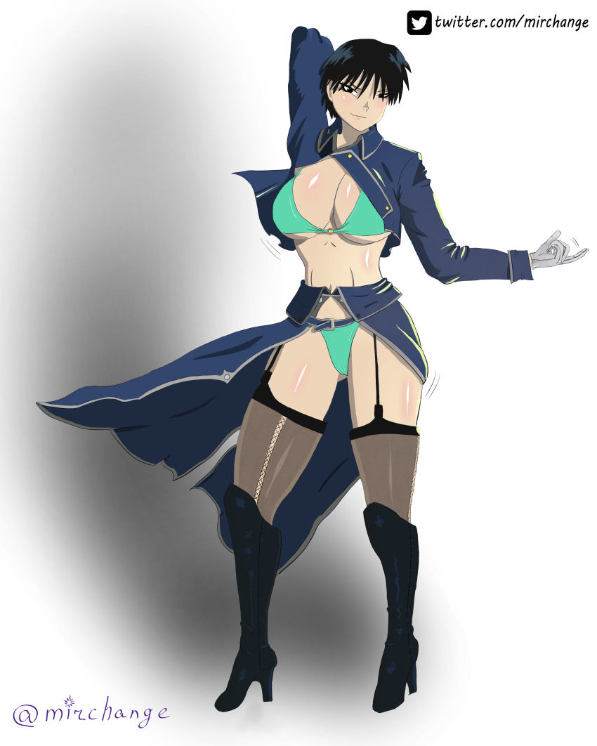 1girl absurdres black_hair blush bra breasts cleavage curvy female_focus fullmetal_alchemist gender_request genderswap hands_up highres large_breasts looking_at_viewer mirchange roy_mustang self-upload solo thick_thighs thighs underwear