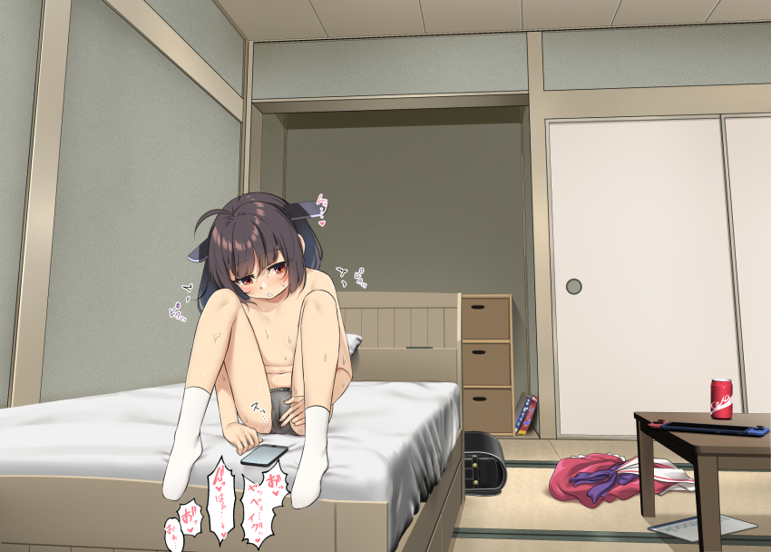 1girl ahoge arai_togami backpack bag bedroom black_bag black_hair cellphone clothes_writing collarbone commentary_request female_masturbation fingering fingering_through_clothes fingering_through_panties flat_chest full_body grey_panties headgear highres indoors loli masturbation navel nintendo_switch nipples no_shoes panties parted_lips phone pussy_juice_stain randoseru red_eyes short_hair sitting smartphone socks solo stained_panties through_clothes topless_female touhoku_kiritan underwear underwear_only underwear_writing unworn_backpack unworn_bag voiceroid white_socks