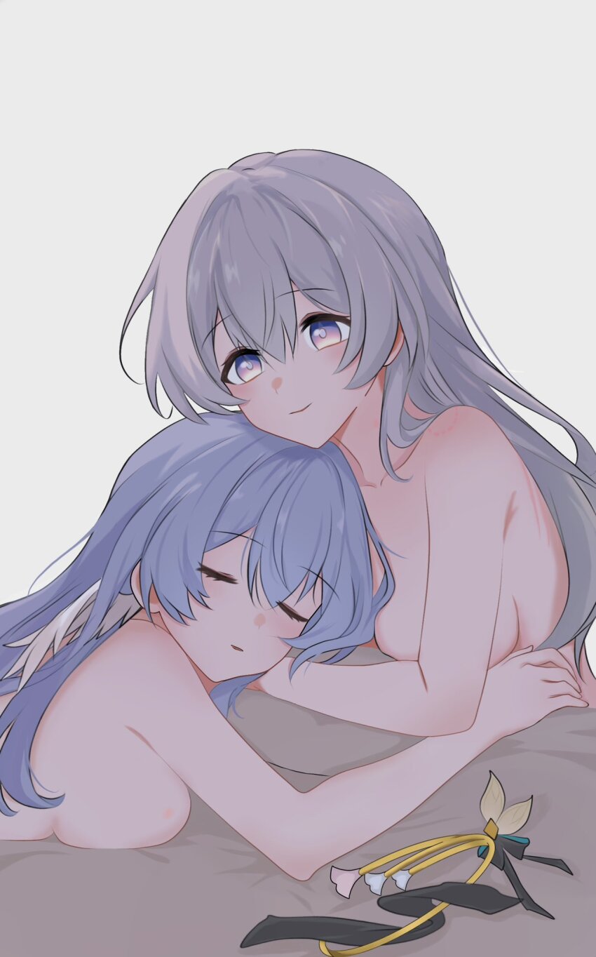 2girls blanket breasts closed_eyes firefly_(honkai:_star_rail) grey_hair hair_between_eyes hair_ornament hair_ribbon halo head_wings highres honkai:_star_rail honkai_(series) large_breasts multicolored_eyes multiple_girls nude on_bed open_mouth ribbon robin_(honkai:_star_rail) simple_background sleeping sleeping_on_person smile squishing white_background white_wings wings yellow_halo yuuncx