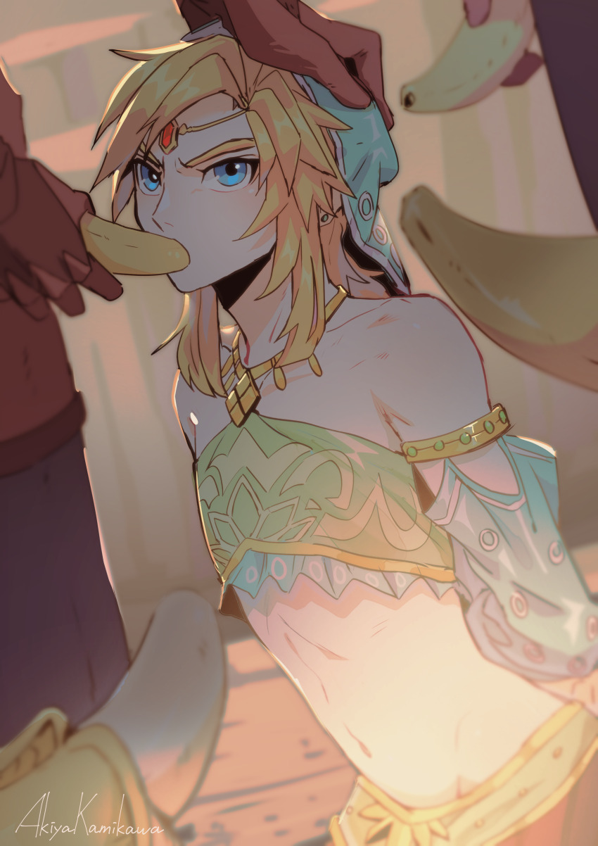 4boys absurdres akiyakamikawa banana blonde_hair blue_eyes circlet commentary english_commentary food fruit gerudo_set_(zelda) hand_on_another&#039;s_head highres link male_focus multiple_boys navel nintendo sexually_suggestive sitting the_legend_of_zelda the_legend_of_zelda:_breath_of_the_wild v-shaped_eyebrows yiga_clan yiga_clan_footsoldier