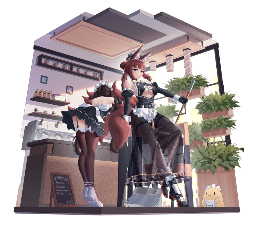2girls absurdres alternate_costume amagi_(azur_lane) animal_ears azur_lane breasts broom cafe cleavage coffee_maker elbow_gloves english_text espresso_machine fox_ears fox_girl fox_tail full_body gloves highres holding holding_broom horns jfzm001 large_breasts maid manjuu_(azur_lane) medium_breasts multiple_girls multiple_tails noshiro_(azur_lane) noshiro_(hold_the_ice)_(azur_lane) official_style oni_horns plant see-through_clothes see-through_skirt skirt standing tachi-e tail