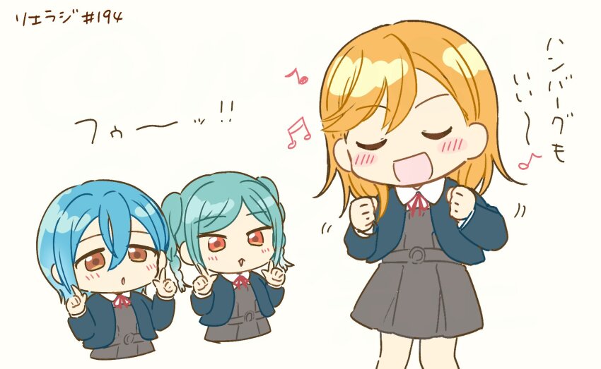 3girls :o aqua_hair beamed_eighth_notes blue_hair blue_jacket blush braid braided_twintails closed_eyes collared_shirt commentary crossed_bangs date_sayuri deformed dress dress_shirt eighth_note grey_dress hair_between_eyes hashtag highres jacket long_hair long_sleeves love_live! love_live!_superstar!! mame_mochiko medium_hair multiple_girls musical_note neck_ribbon onitsuka_tomari ookuma_wakana open_clothes open_jacket open_mouth orange_eyes orange_hair pleated_dress red_ribbon ribbon sakakura_sakura school_uniform shibuya_kanon shirt short_dress short_hair sidelocks simple_background symbol-only_commentary translation_request twin_braids twintails u_u voice_actor_connection wakana_shiki white_background white_shirt winter_uniform yuigaoka_school_uniform