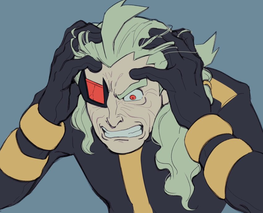 1boy black_gloves black_jacket clenched_teeth commentary furrowed_brow ghetsis_(pokemon) gloves green_hair grey_background hands_on_own_head highres jacket long_hair lynn_(daisiloou) male_focus messy_hair nintendo pokemon pokemon_bw2 red_eyes simple_background solo teeth upper_body wrinkled_skin