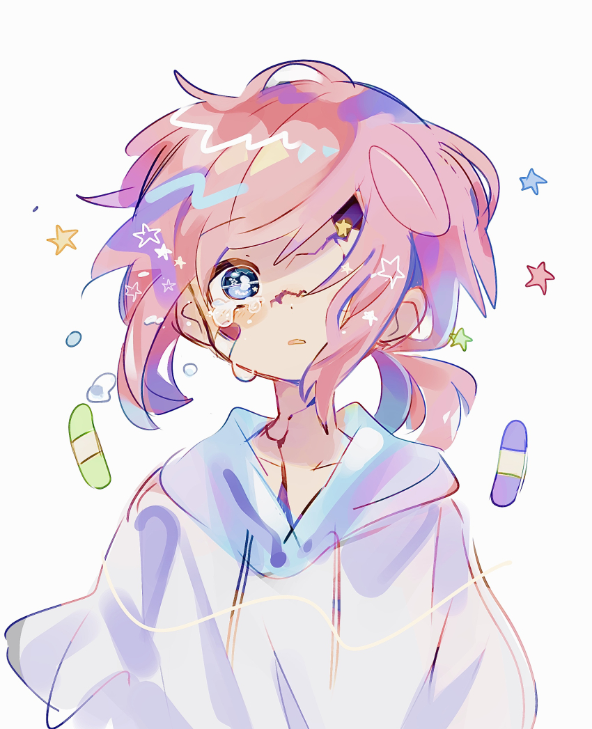 1boy absurdres bandaid bandaid_on_cheek bandaid_on_face blue_eyes blue_hoodie blush commentary_request crack cracked_skin crying crying_with_eyes_open hair_blowing highres hood hoodie looking_at_viewer male_focus original parted_lips pink_hair ponytail raito-kun_(uenomigi) short_hair short_ponytail simple_background solo star_(symbol) tears trap two-tone_hoodie uenomigi upper_body white_background white_hoodie yume_kawaii