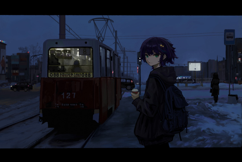 ad backpack bag black_hoodie blue_bag car coffee cup disposable_coffee_cup disposable_cup expressionless green_eyes grey_sky hair_ornament hairpin handbag highres holding holding_cup hood hoodie jacket lamppost looking_at_viewer motor_vehicle multicolored_hair original power_lines purple_hair railroad_crossing railroad_tracks road road_sign russian_text shuimo sign sky snow star_(symbol) street streetcar winter
